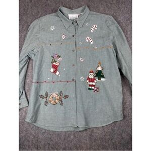Vintage Casey & Max Shirt Women's XL Green Houndstooth Ugly Christmas Button-Up
